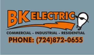 BK Electric logo in orange color on grey background