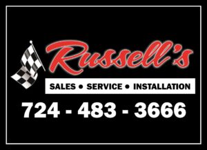 Russell’s logo in red color on black background