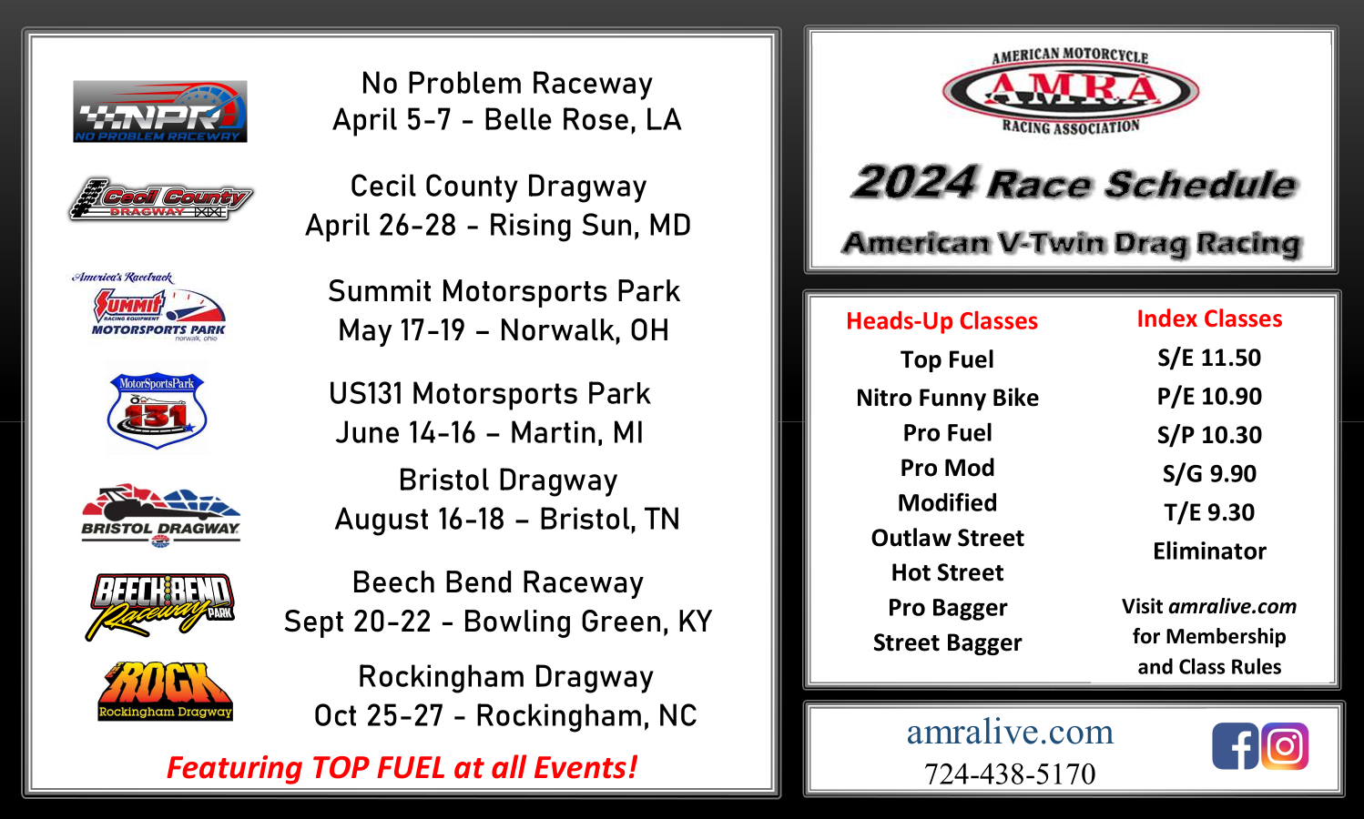 A poster of the 2024 American V-Twin Drag Racing schedule.